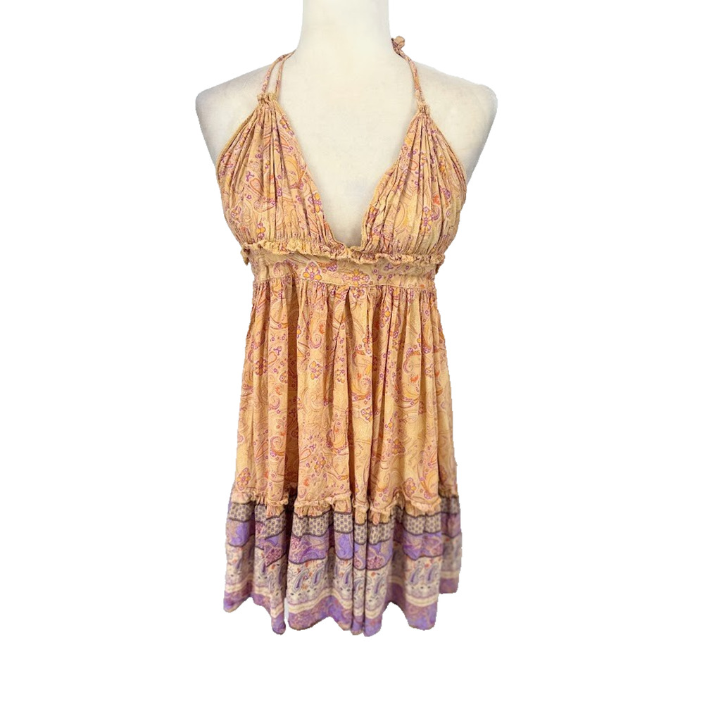 R Vivimos Halter V Neck Mini‎ Ruffle Dress Sz Medium Yellow Floral Boho Festival